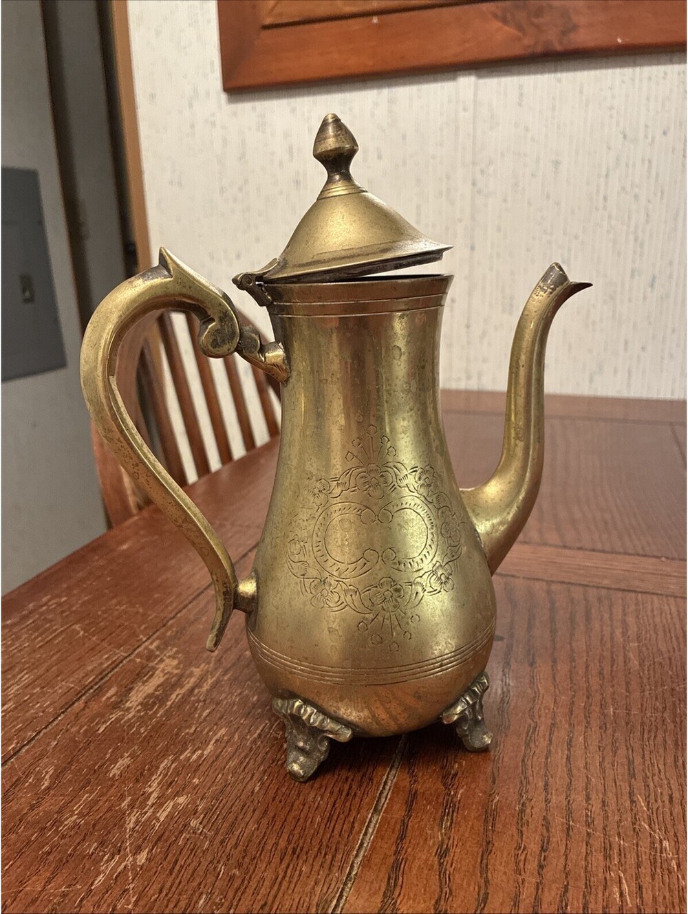 Vintage Brass Color Coffee/Tea Pot 9” Floral Etching Footed Silver Plate EPNS
